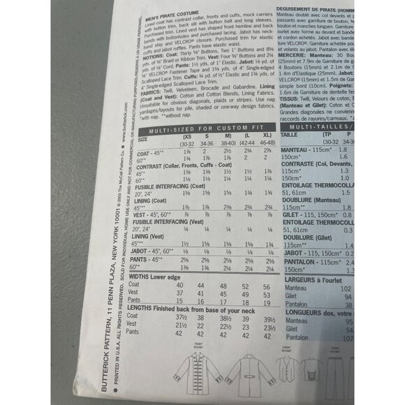 Butterick 3894 Mens Pirate Costume Sewing Pattern Size Large XL Steampunk UNCUT - Picture 5 of 7